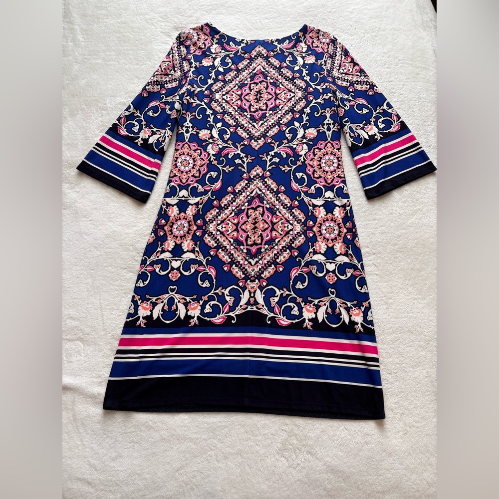 Jessica Howard Elegant Navy and Pink Patterned Shift Dress - Size 8 - Picture 8 of 12